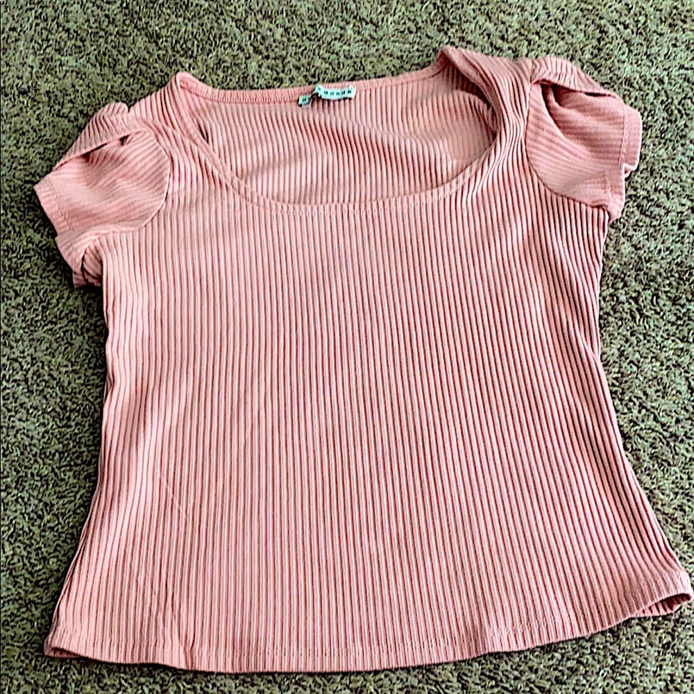 Champagne pink blouse with ruffle shoulders